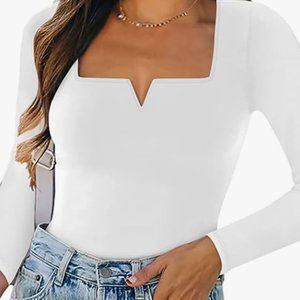Women's White Long Sleeve Notch Square Neck Bodysuit‎ - Size Small